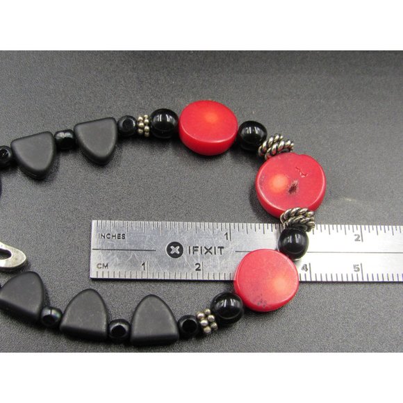 7" Sterling Silver Black Stone & Red Shell Bracelet Vintage Elegant Beautiful - Picture 6 of 7